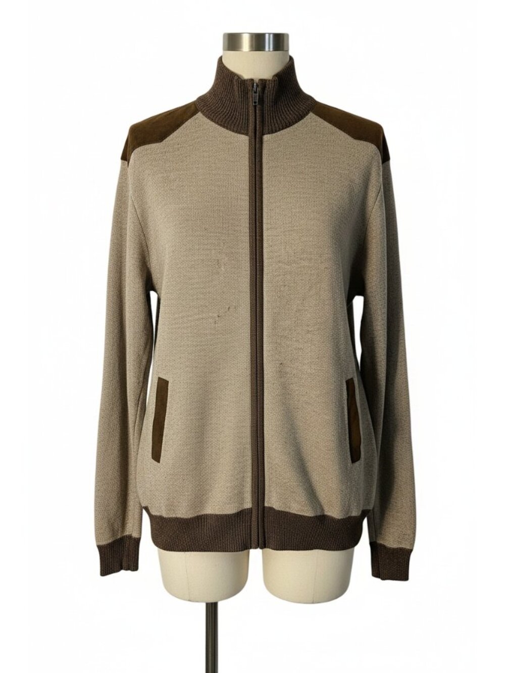 Marx & Dutch Cardigan Mens 2XL Beige Full Zip Patch Sweater--ITEM #2491